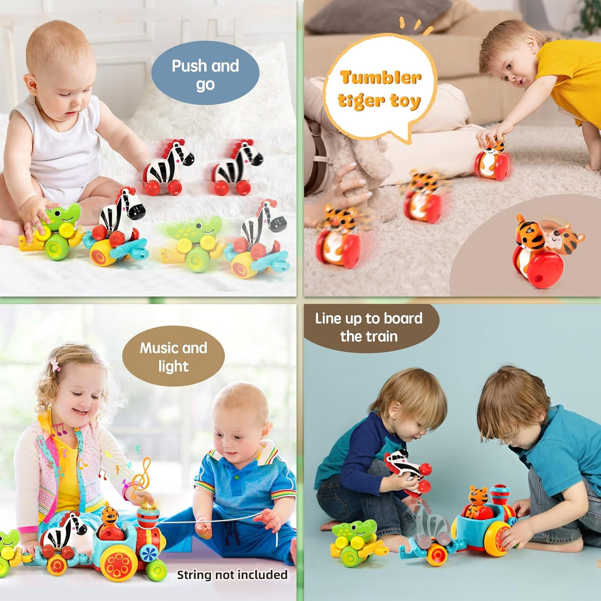 Baby pushing colorful animal train toy with zebra, tiger, and crocodile parts