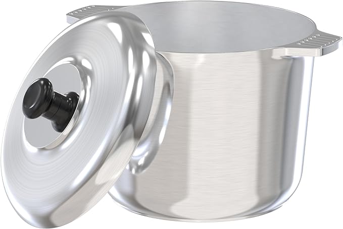 Stainless stock pot with domed lid and black knob, shown from an angled view