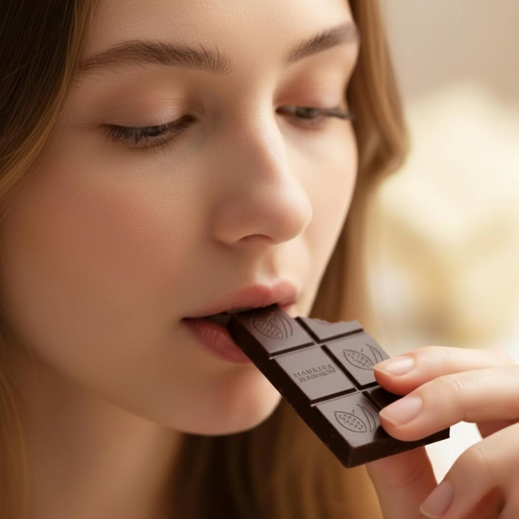 Dark Belgian-style chocolate bar squares held to lips by a person