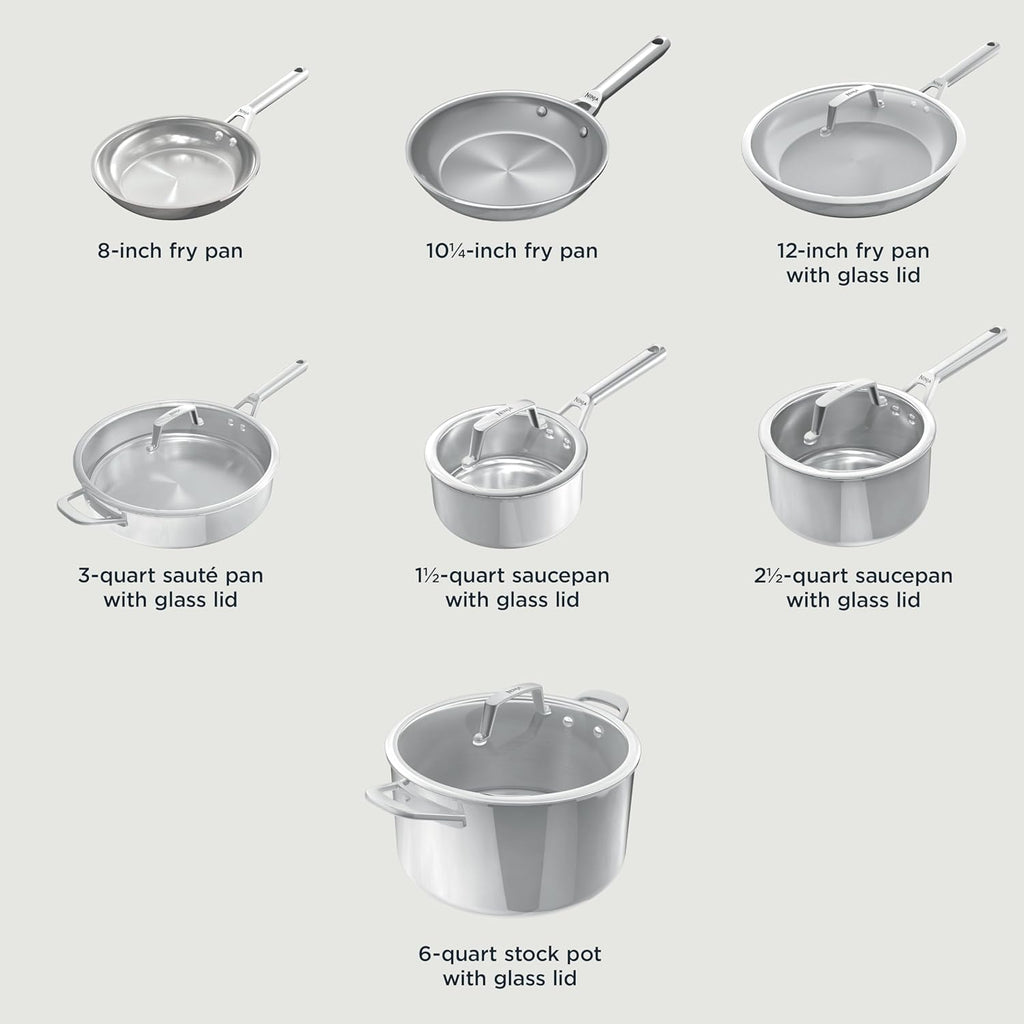 Stainless steel frying pans and saucepans with glass lids, 8-inch to 6-quart sizes shown