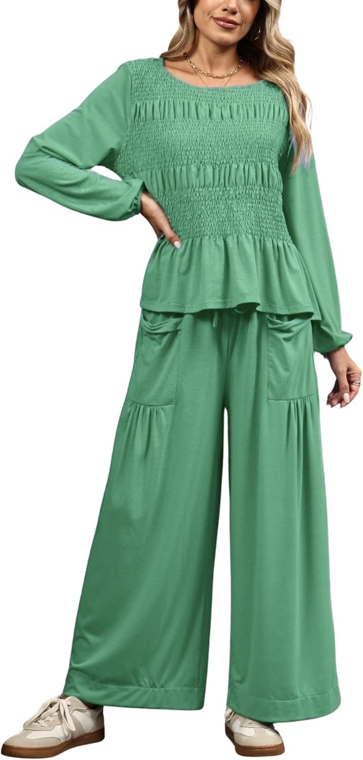 Women’s smocked long-sleeve peplum top and wide-leg pants set, dusty green, tiered look