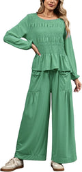 Women’s smocked long-sleeve peplum top and wide-leg pants set, dusty green, tiered look