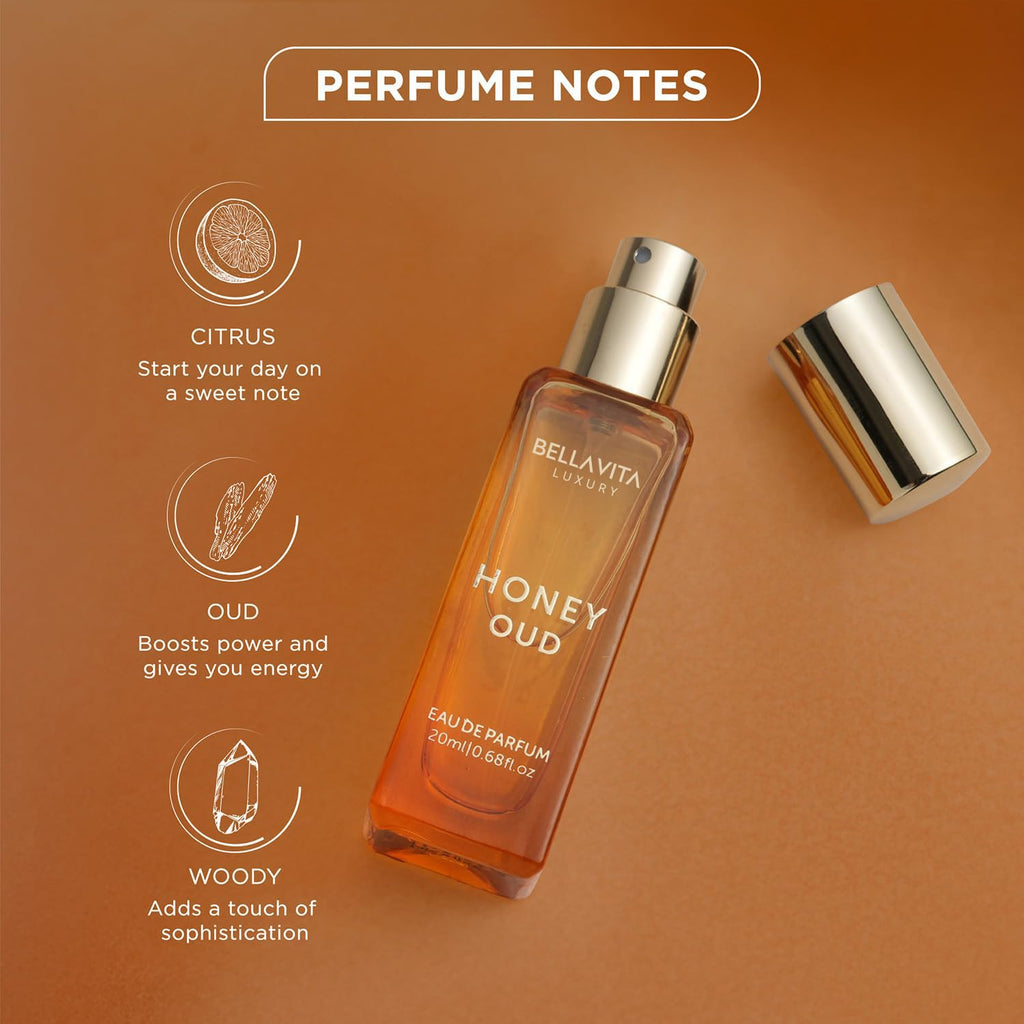 Honey Oud eau de parfum bottle with gold cap and spray top, 20 ml