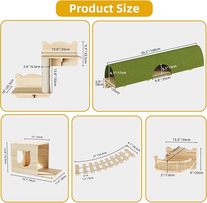 Cat wall shelf set size diagram with light pine units and green scratching ramp