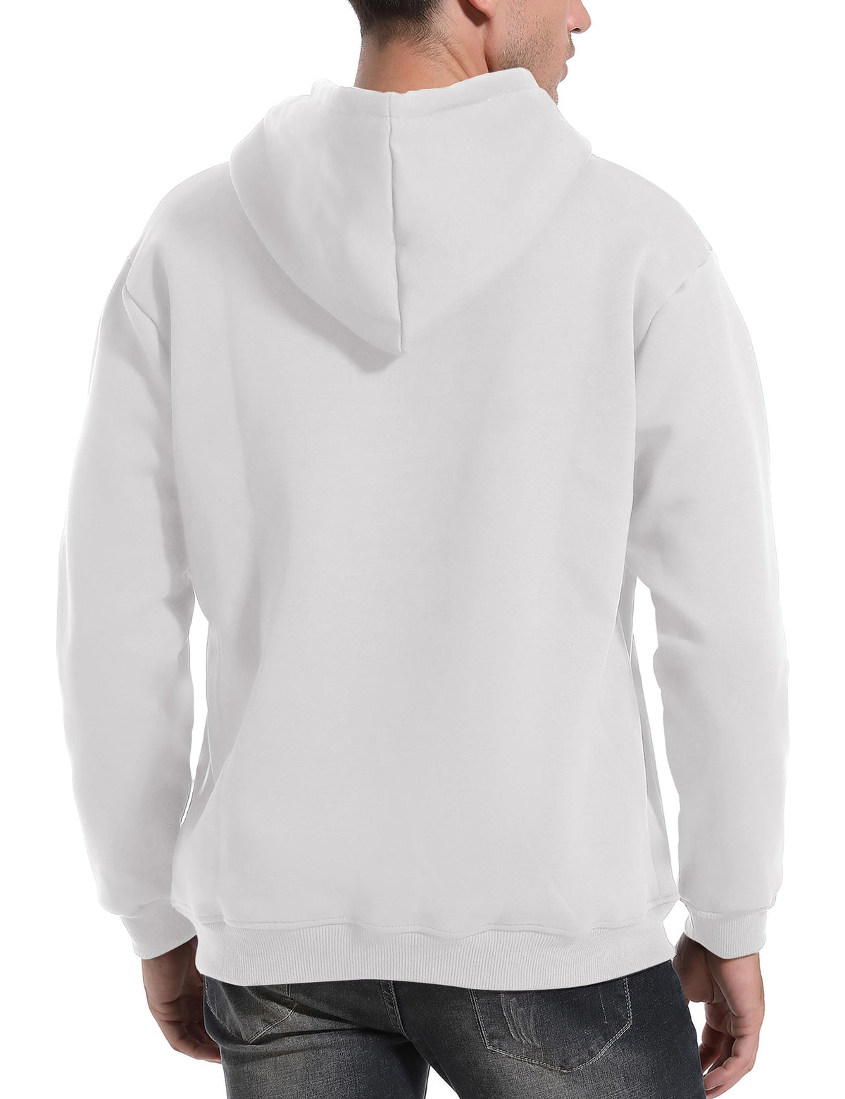 White pullover hoodie with hood and kangaroo pocket; back view.