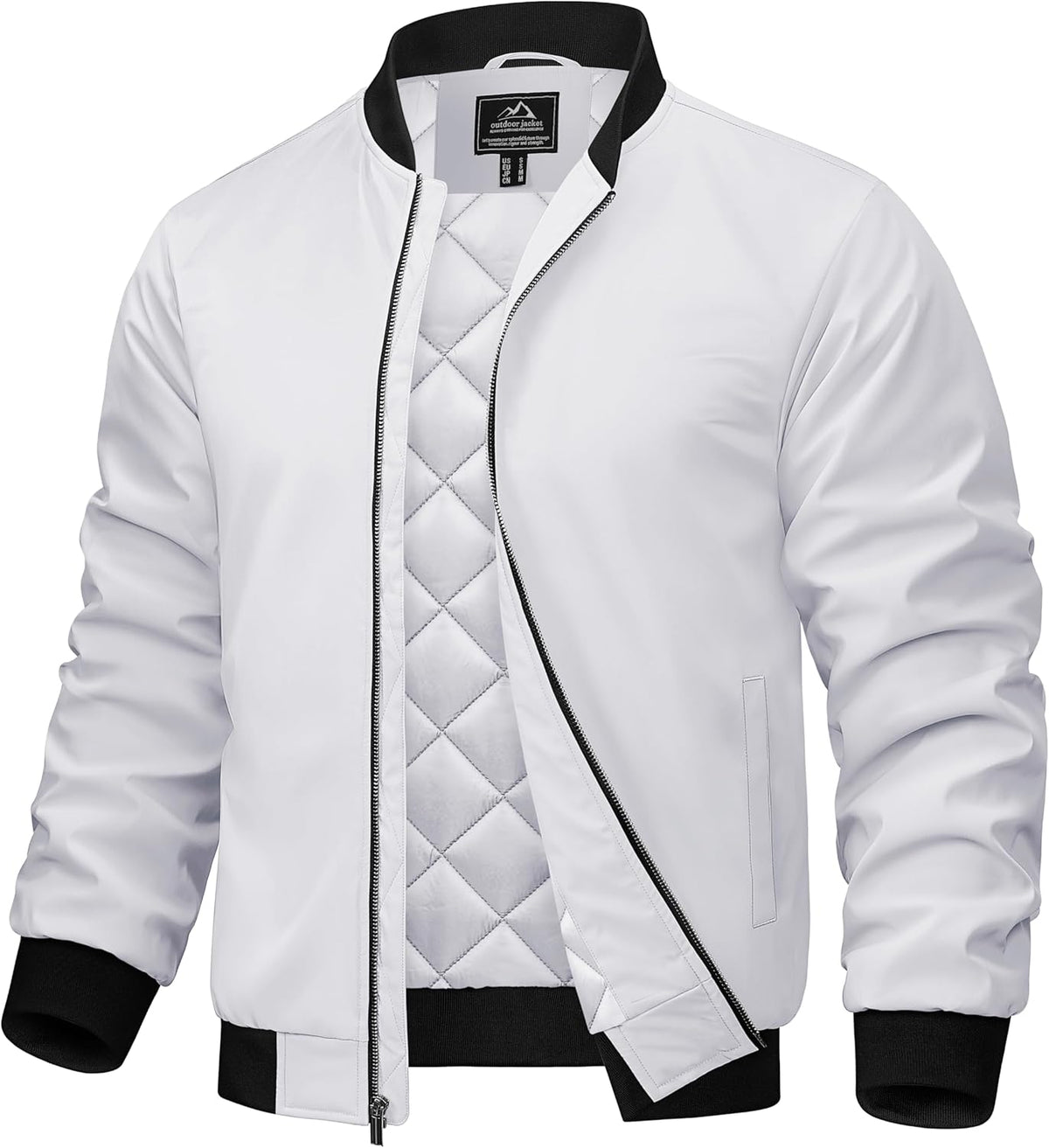 Men's bomber jacket in white with full zip and quilted inner lining.