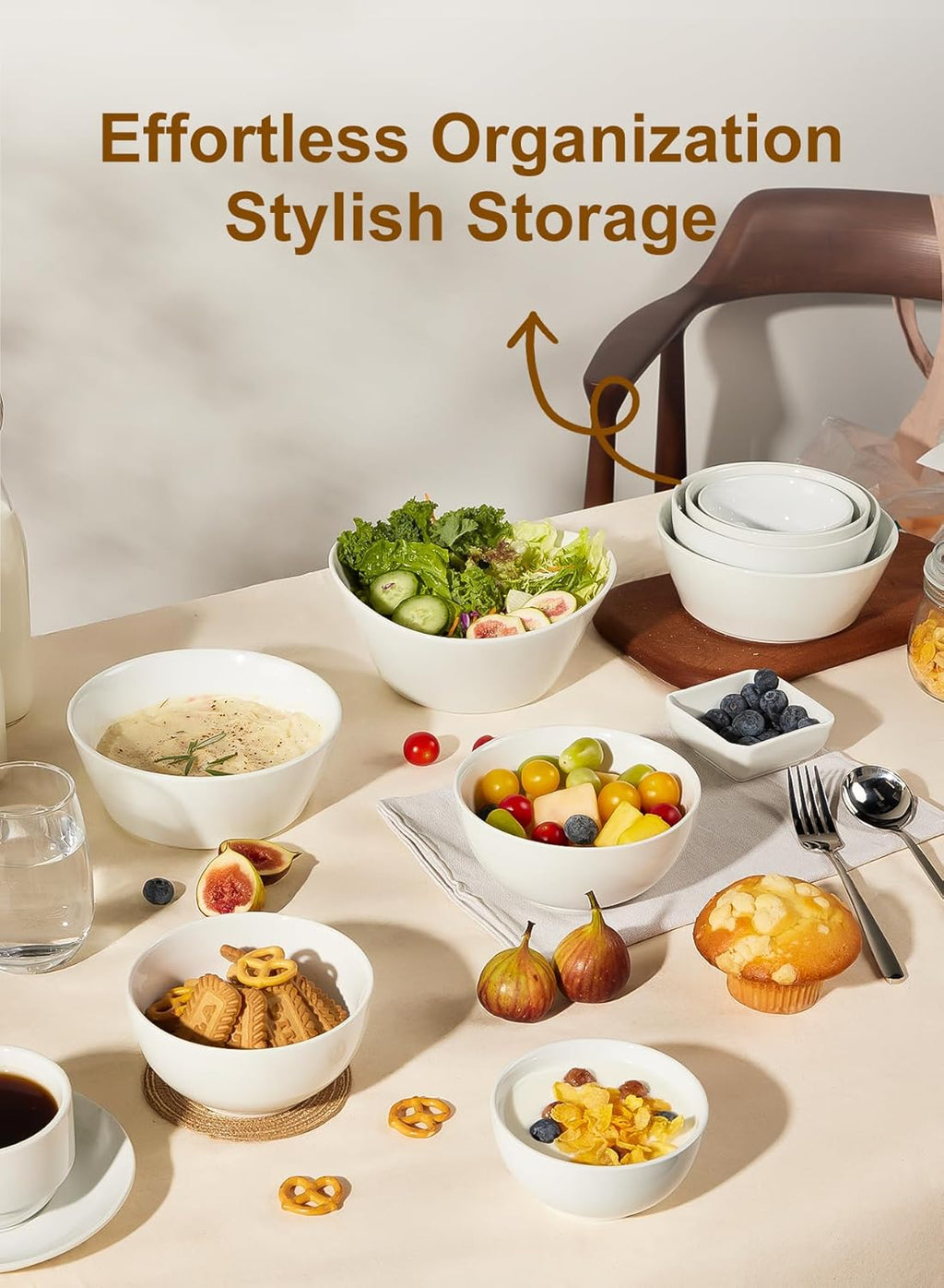 White ceramic bowls set with several small bowls, for storing and serving snacks