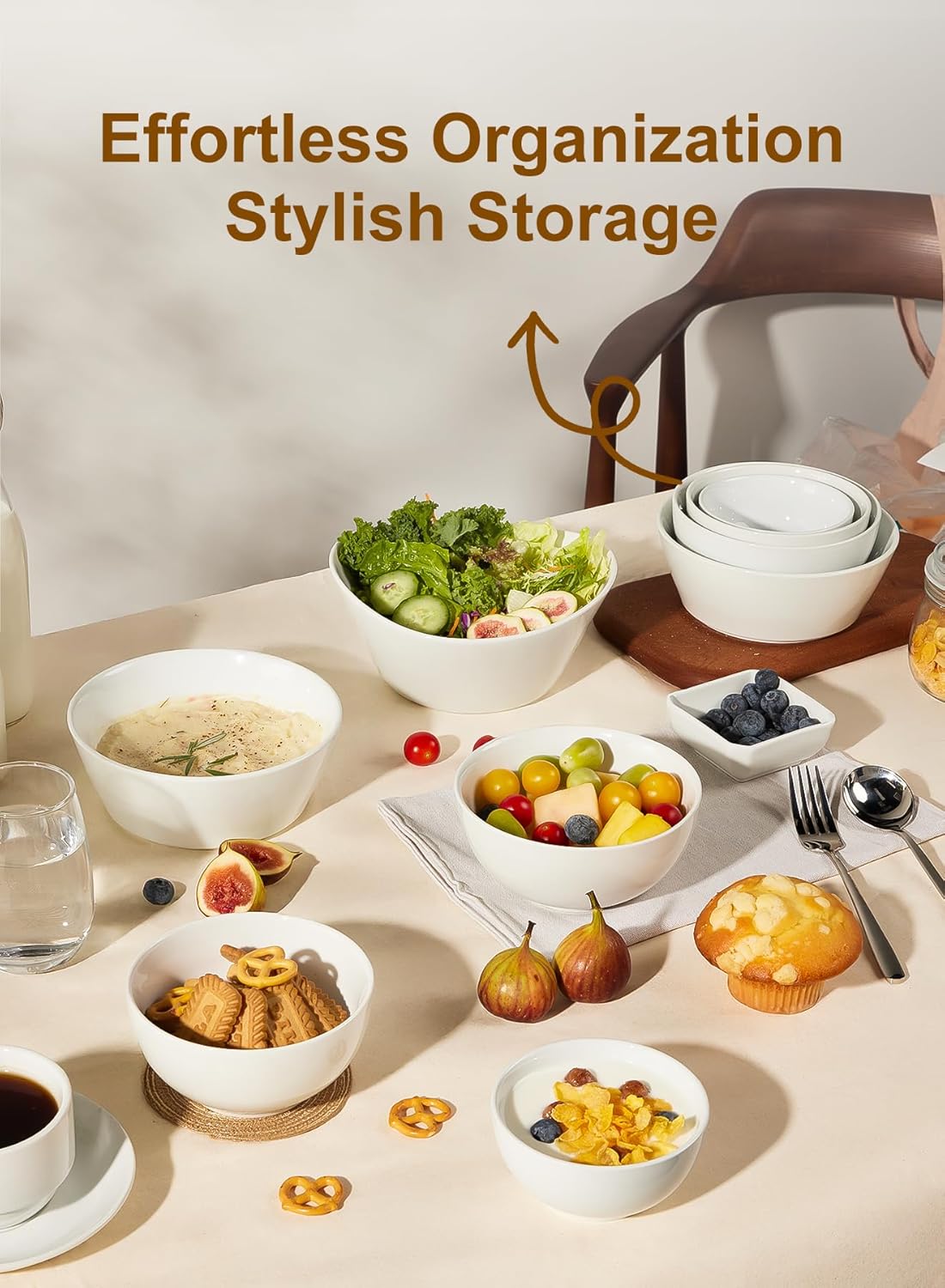 White ceramic bowls set with several small bowls, for storing and serving snacks