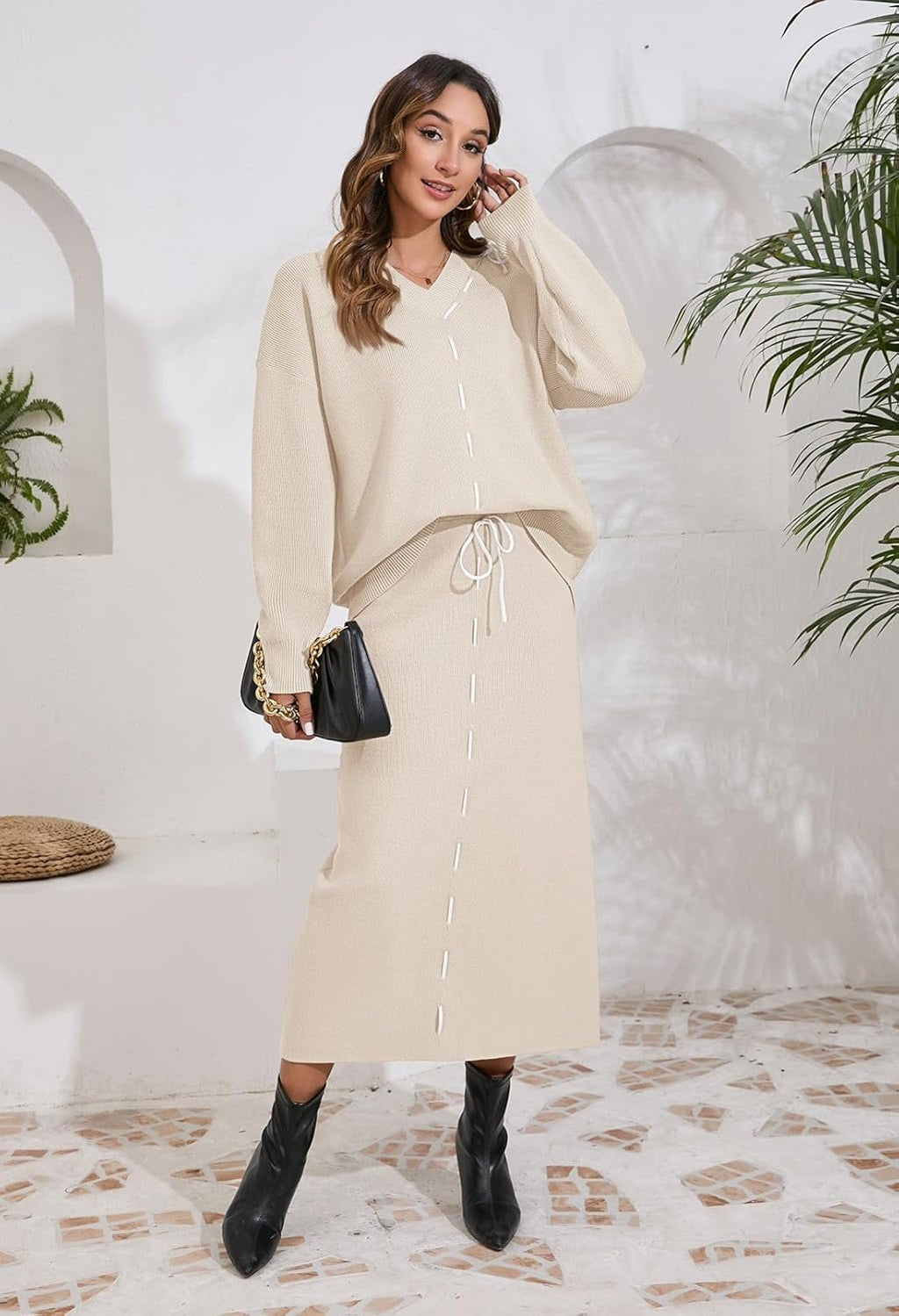 Oatmeal knit V-neck sweater and tie-waist maxi bodycon skirt set, full-body view