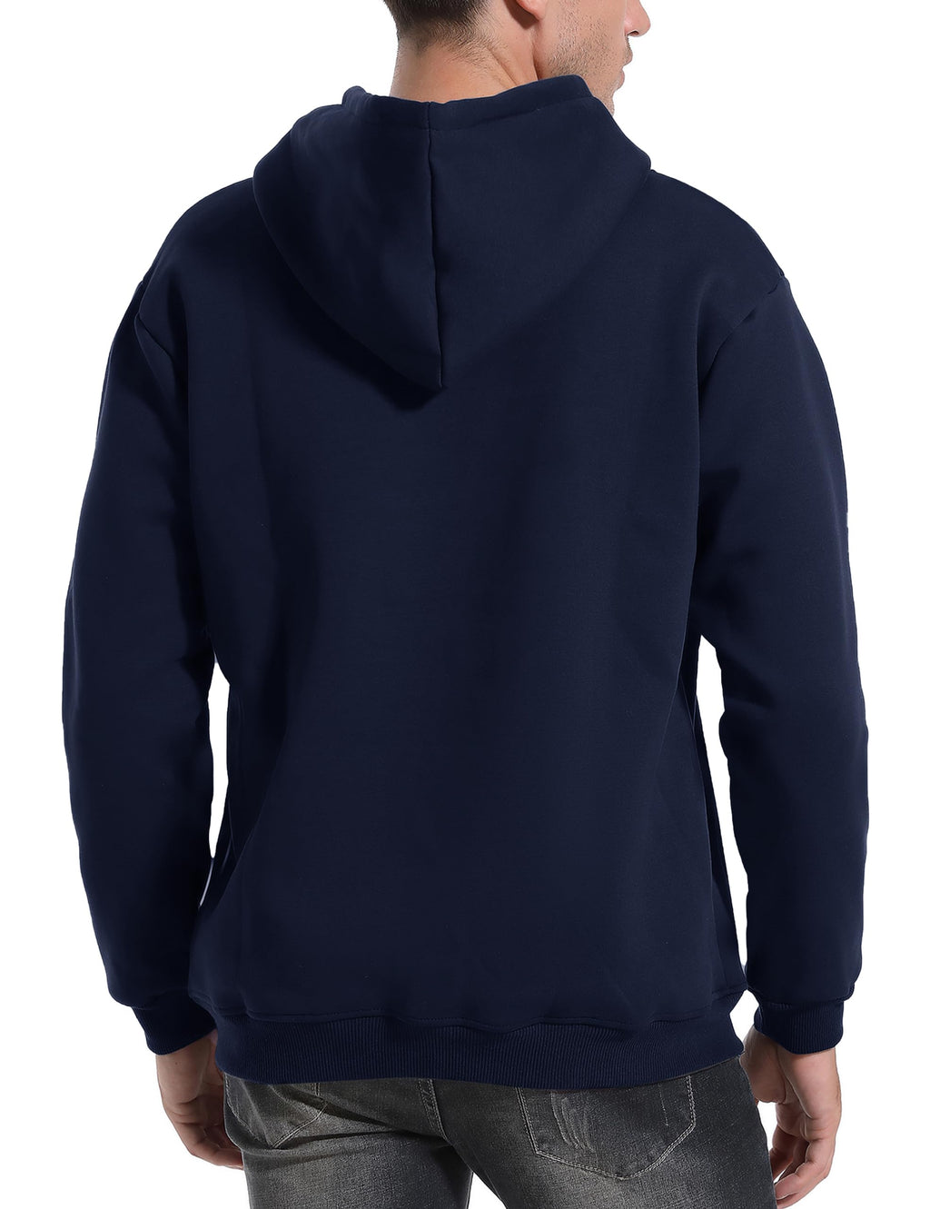 Men's sherpa-lined pullover hoodie, back view, hood with drawstrings, dark navy.