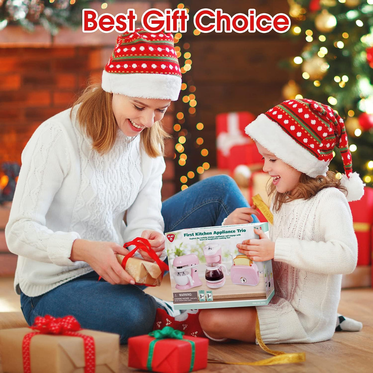Kids kitchen appliance set gift box showing pink mixer, coffee maker, and toaster