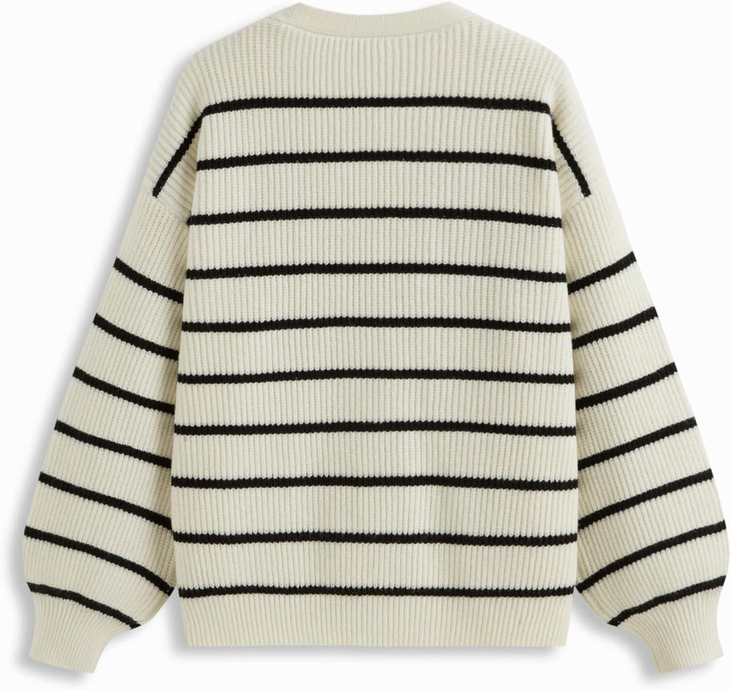 Women’s cream knit sweater cardigan with black striped yoke, button front V-neck