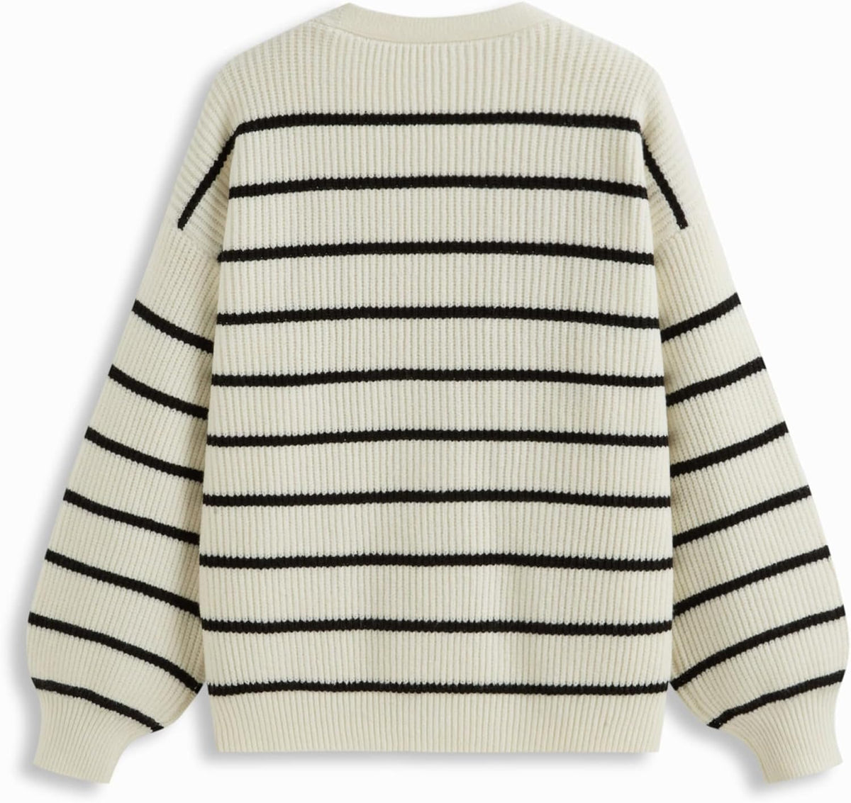 Women’s cream knit sweater cardigan with black striped yoke, button front V-neck
