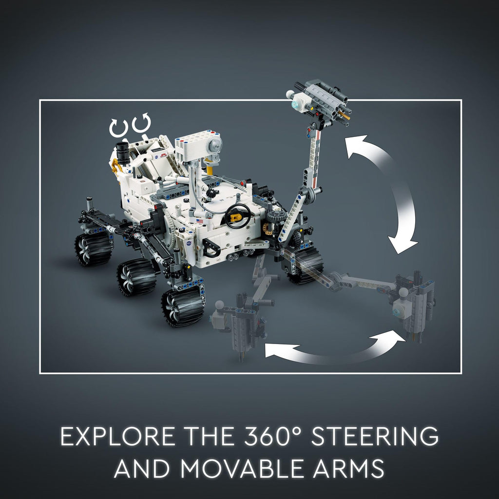 LEGO Technic Mars rover model with movable arms and articulated steering details
