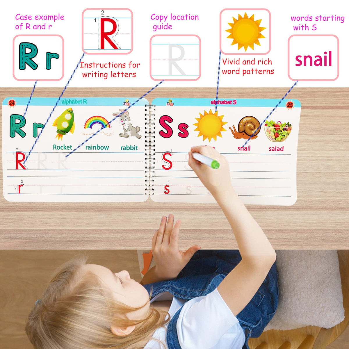 Child practicing letter R and S on an activity workbook with a marker.