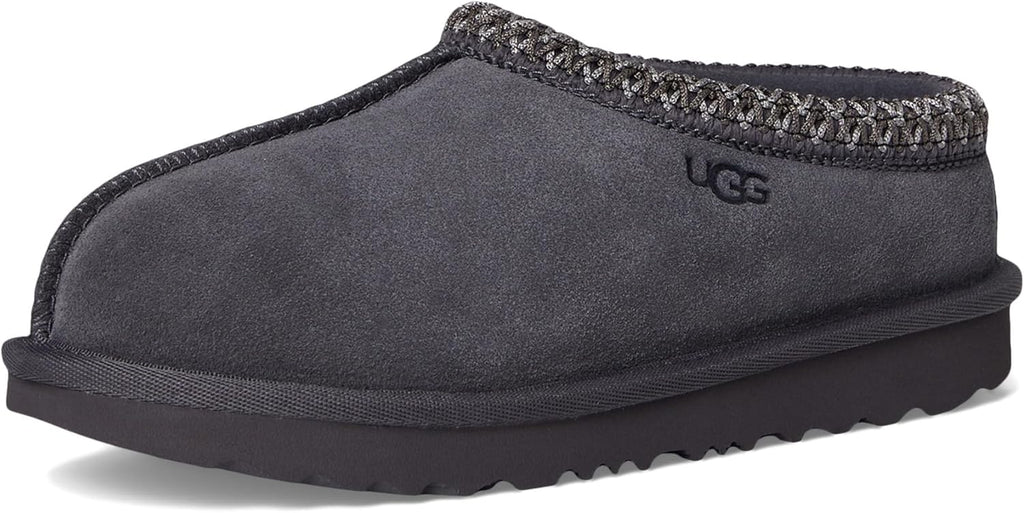 Kids' UGG Tasman II slipper, front angle with dark suede upper and toe seam