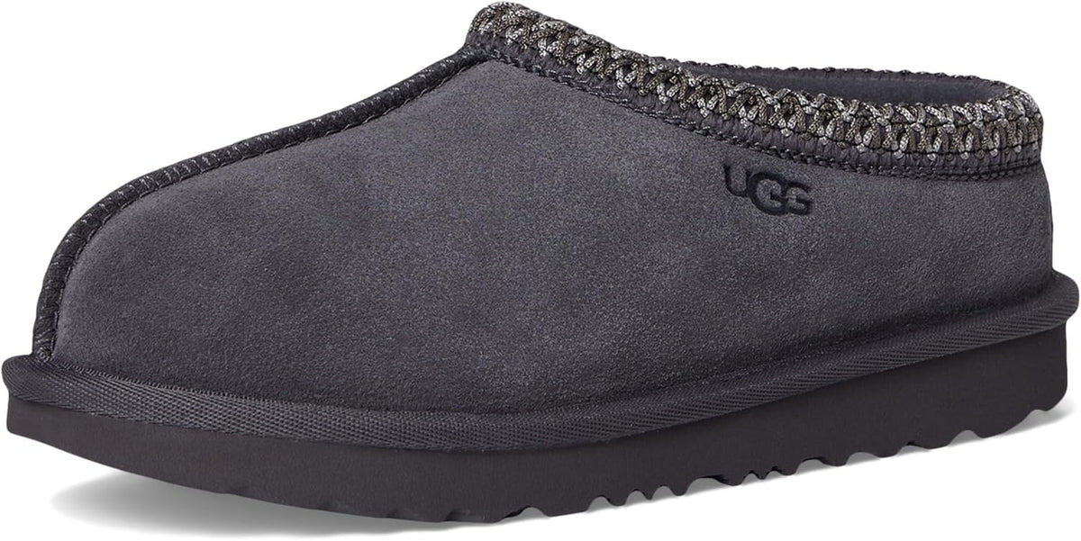Kids' UGG Tasman II slipper, front angle with dark suede upper and toe seam