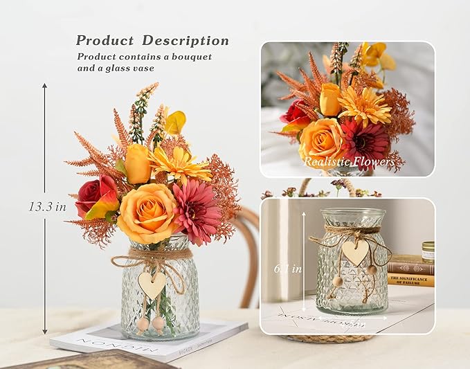 Faux silk flower bouquet in glass vase with orange rose, yellow flowers, and red blooms