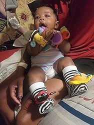 Baby rattle socks and wrist rattles set, striped socks and colorful wrist toy rattles