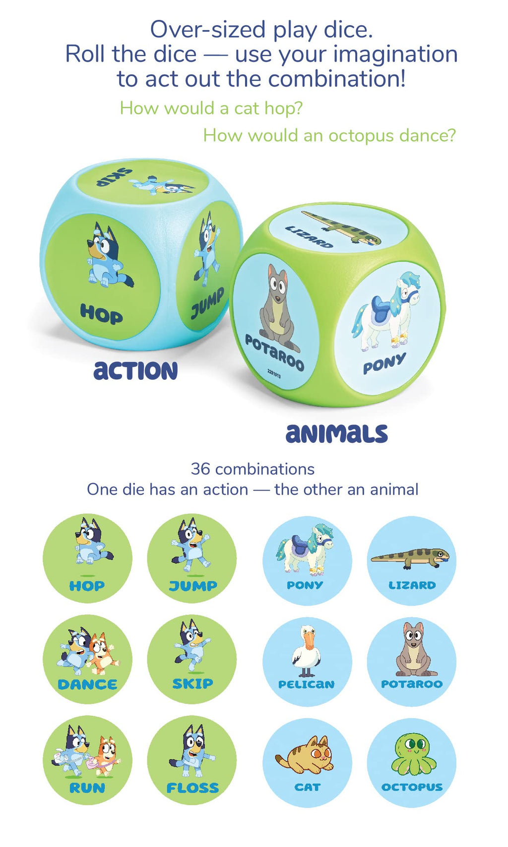 Two action dice with hop and jump labels plus 36 combinations action chart.