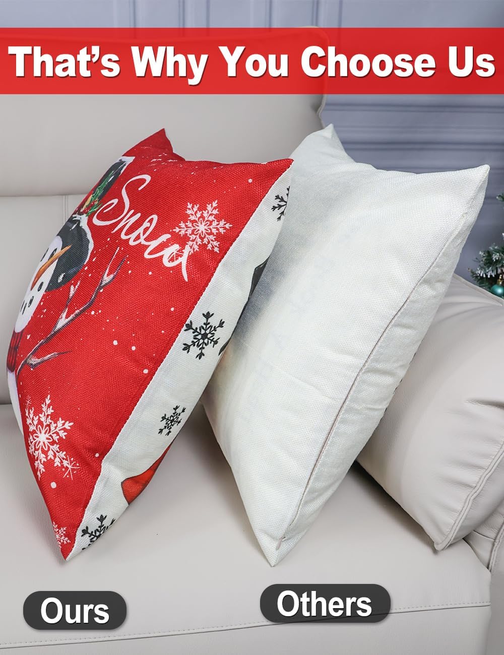 Christmas pillow cover set with red script front and white snowflake back