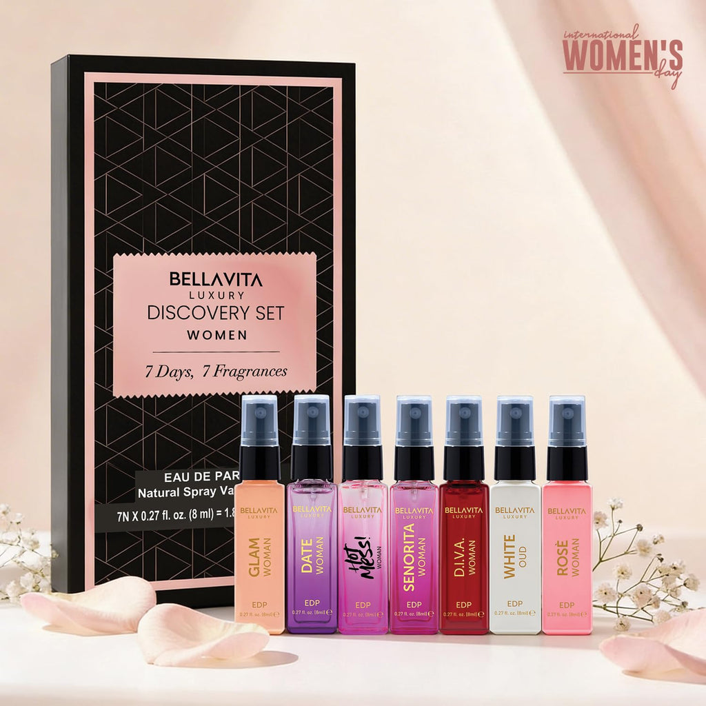 Women’s perfume discovery set with framed box and seven 8ml EDP spray bottles