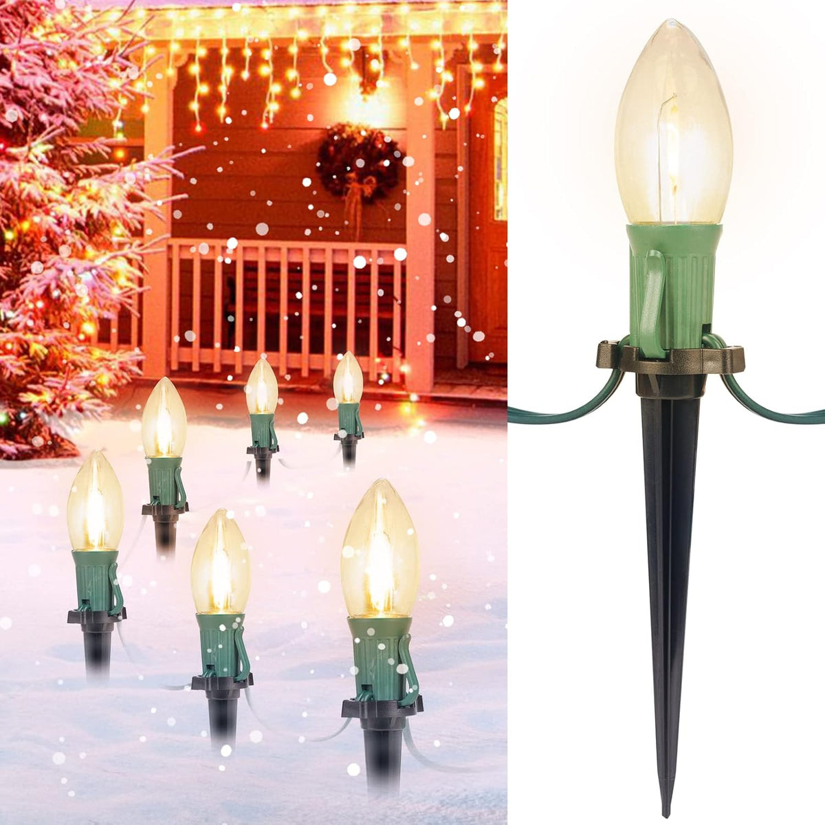 Outdoor pathway stake light with warm white bulb and green base, connected cord
