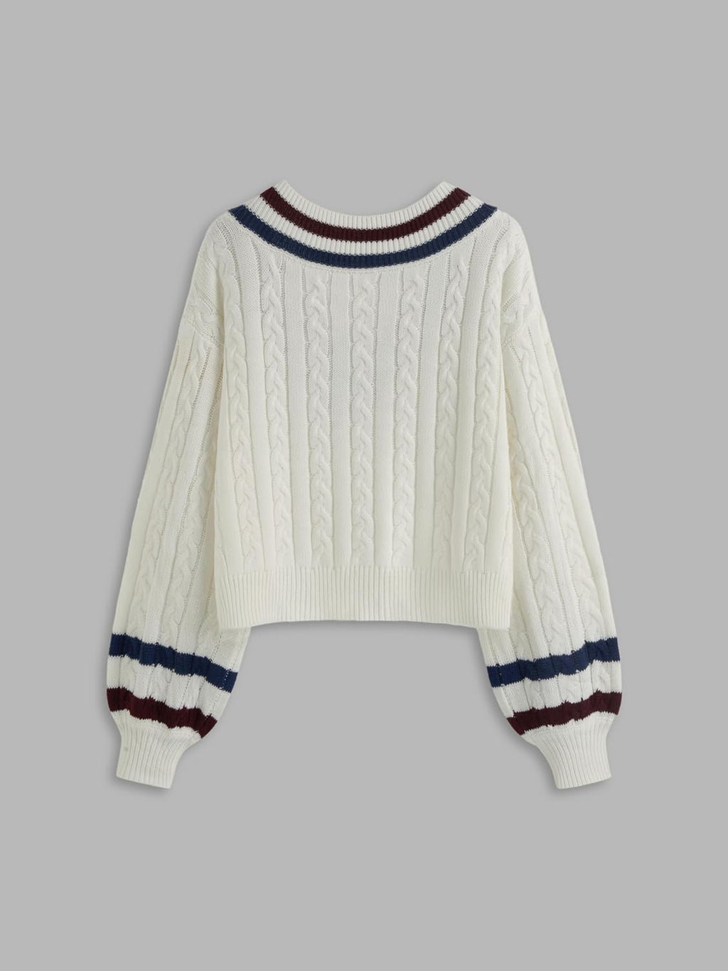 Cream cable-knit V-neck sweater with striped hem and long sleeves