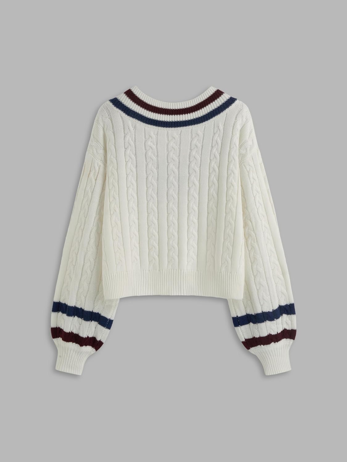 Cream cable-knit V-neck sweater with striped hem and long sleeves
