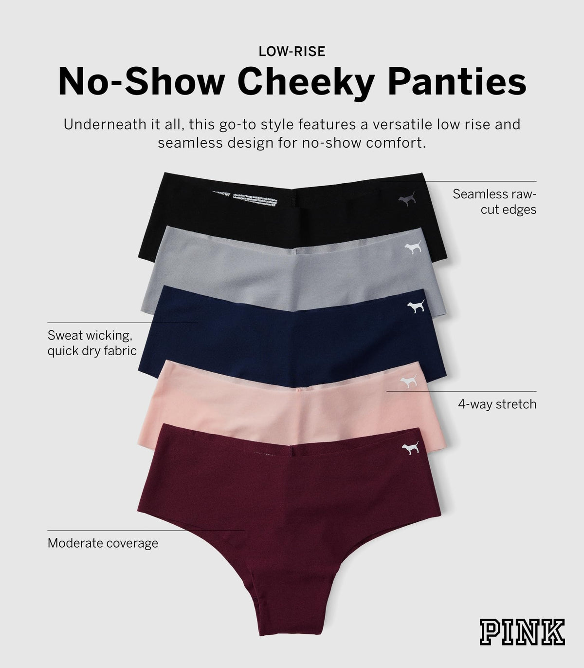 No-show cheeky panties 4-pack in black, navy, rose, and burgundy