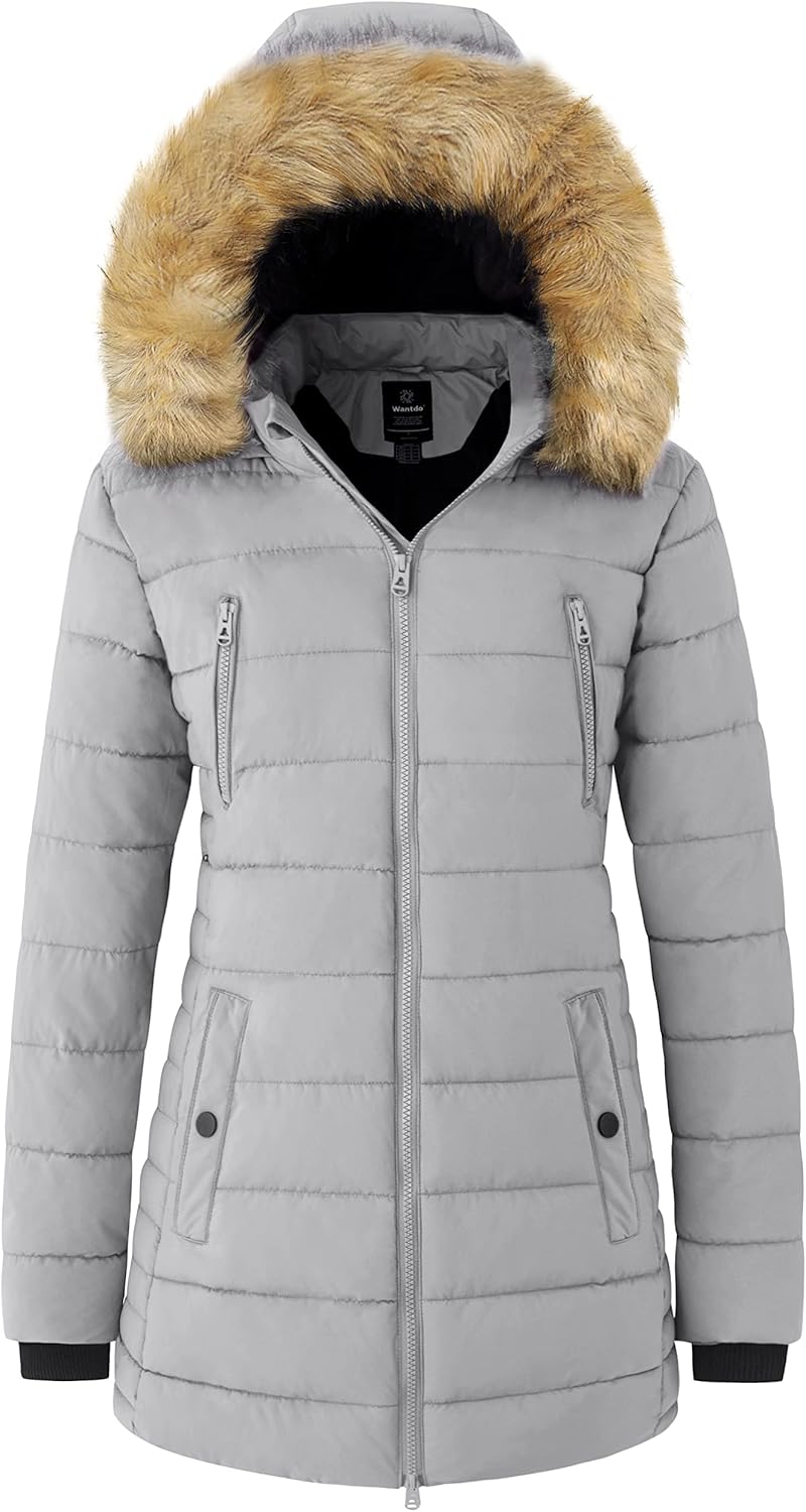 Light gray quilted puffer parka with zip front, tan fur-trimmed hood and pockets.