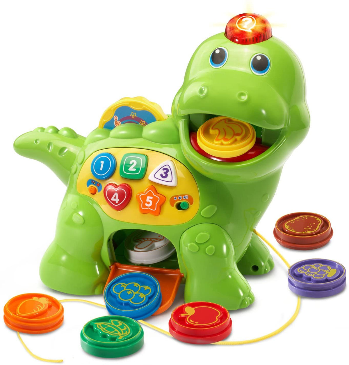 Green counting dinosaur toy with number buttons, light dome top, and molded food pieces