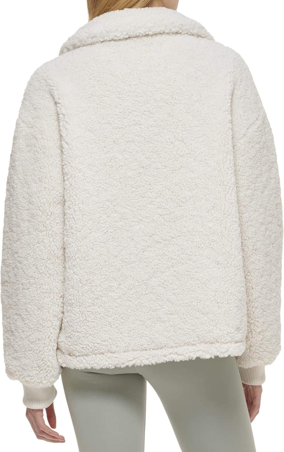 Cream sherpa teddy jacket back view with stand collar and ribbed cuffs