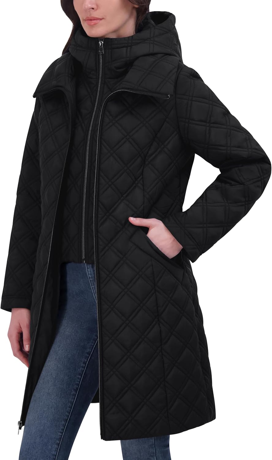 Black quilted hooded jacket with zip front and angled side panel detail