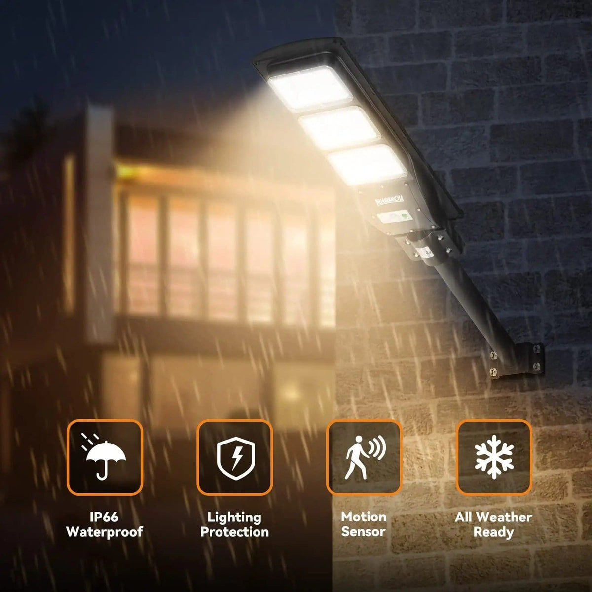 Black solar street LED light with motion sensor and waterproof feature icons