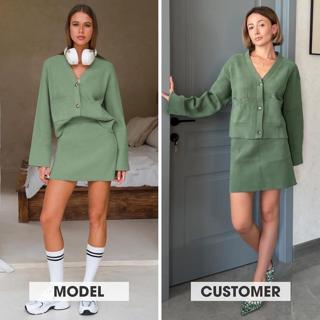 Green knit mini skirt with V-neck button cardigan, styled with socks and sneakers