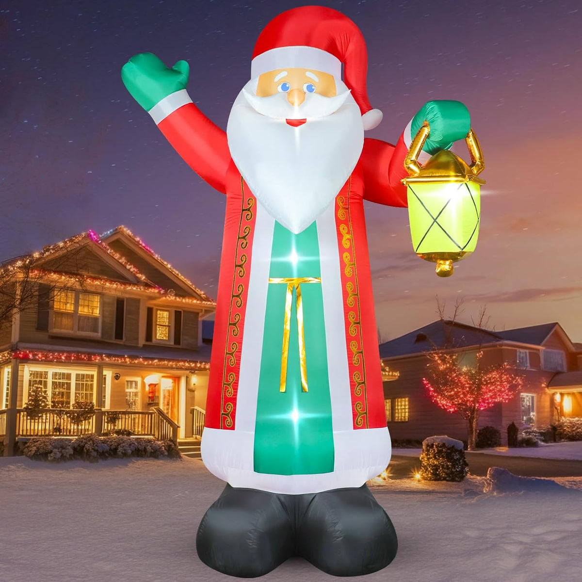 Inflatable Santa figure with white beard, red coat, green pants; built-in glowing LEDs