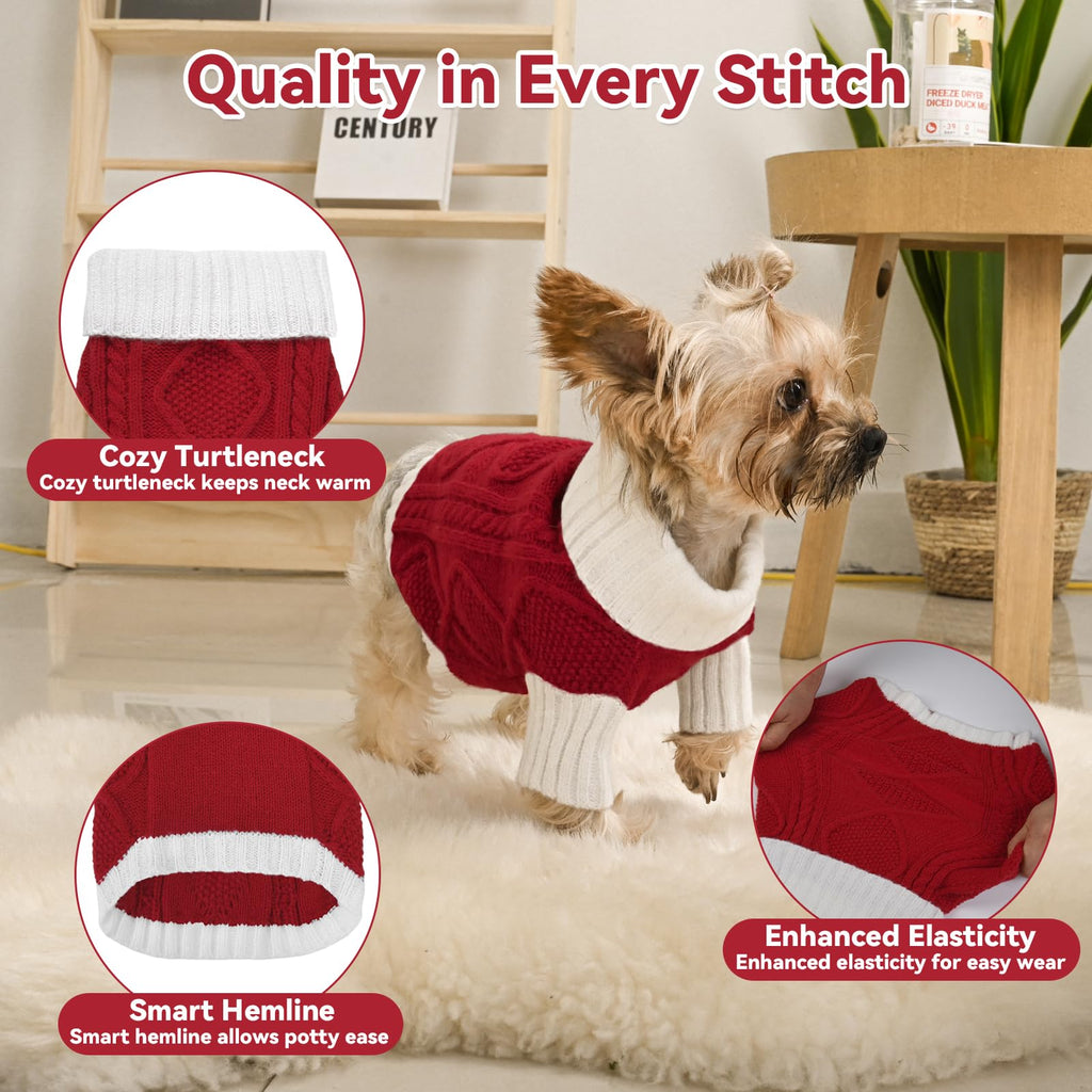 Red cable knit dog turtleneck sweater with white ribbed neck, cuffs, and striped hem