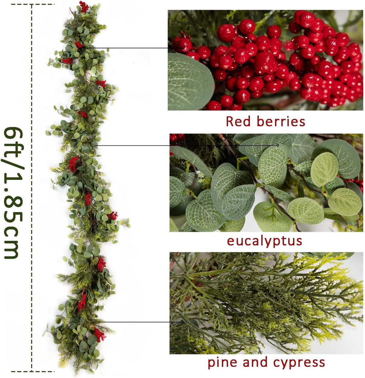 6ft artificial greenery garland with green leaves, pine needles, and red berry accents
