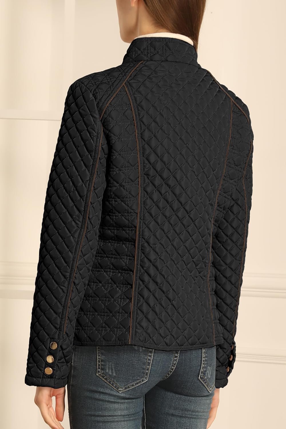 Black stand-collar quilted puffer jacket with back panel seams and zip