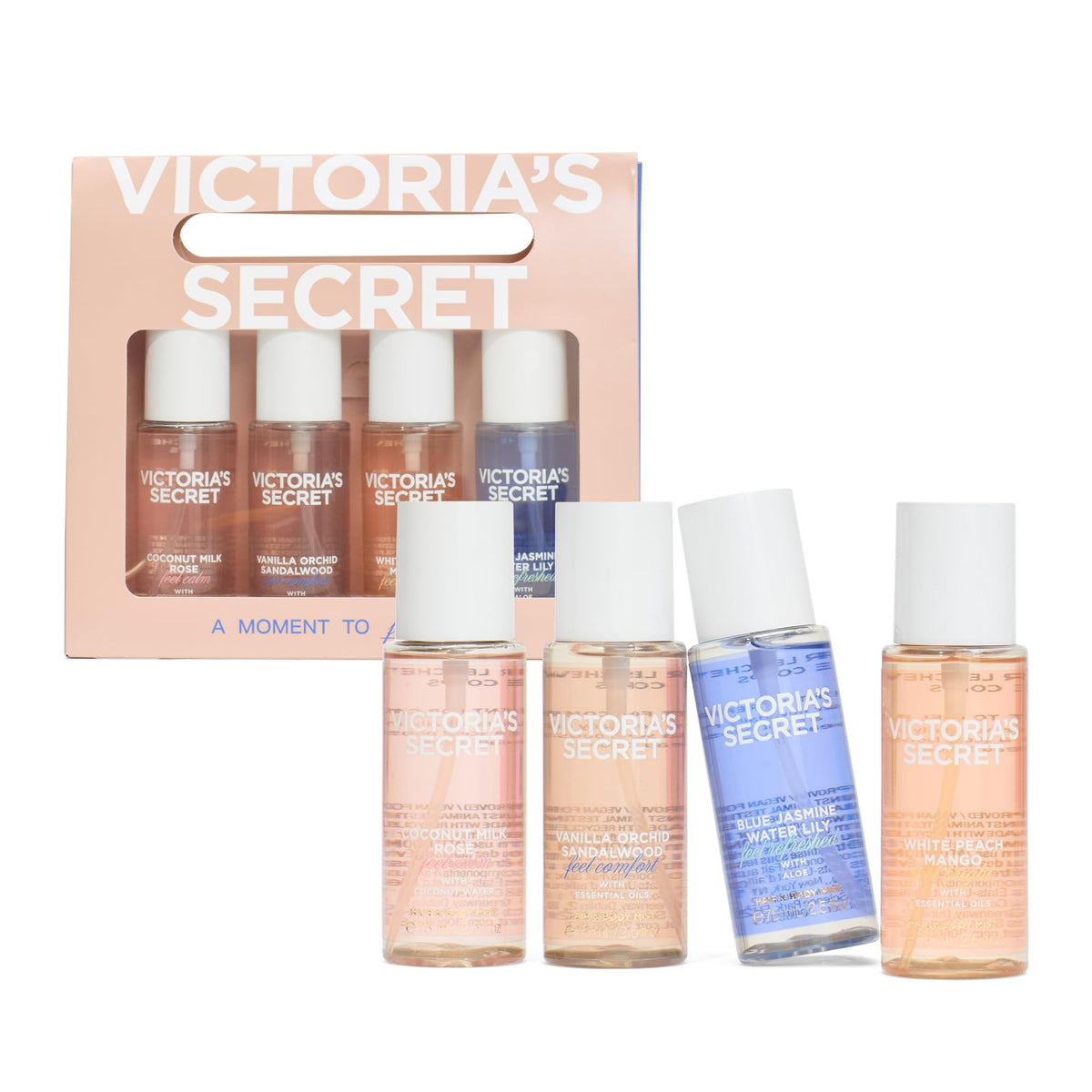 Four mini fragrance mist bottles with assorted caps and a display box.
