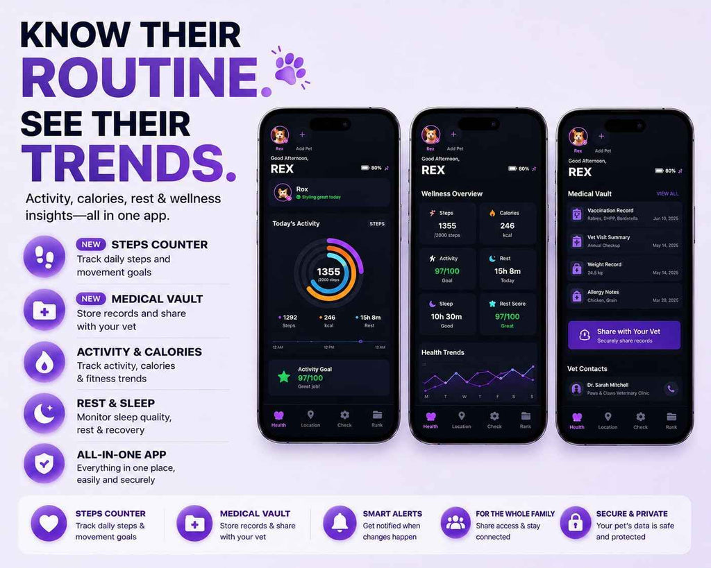 Pet tracker app screens showing activity, wellness, medical records, and alerts