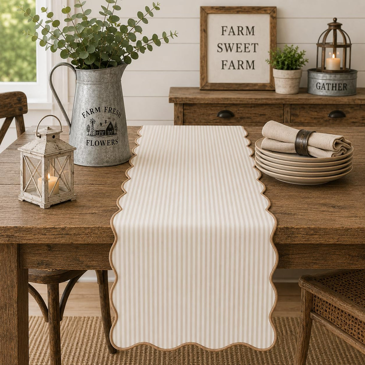 Natural and white striped scalloped table runner, lined farmhouse style
