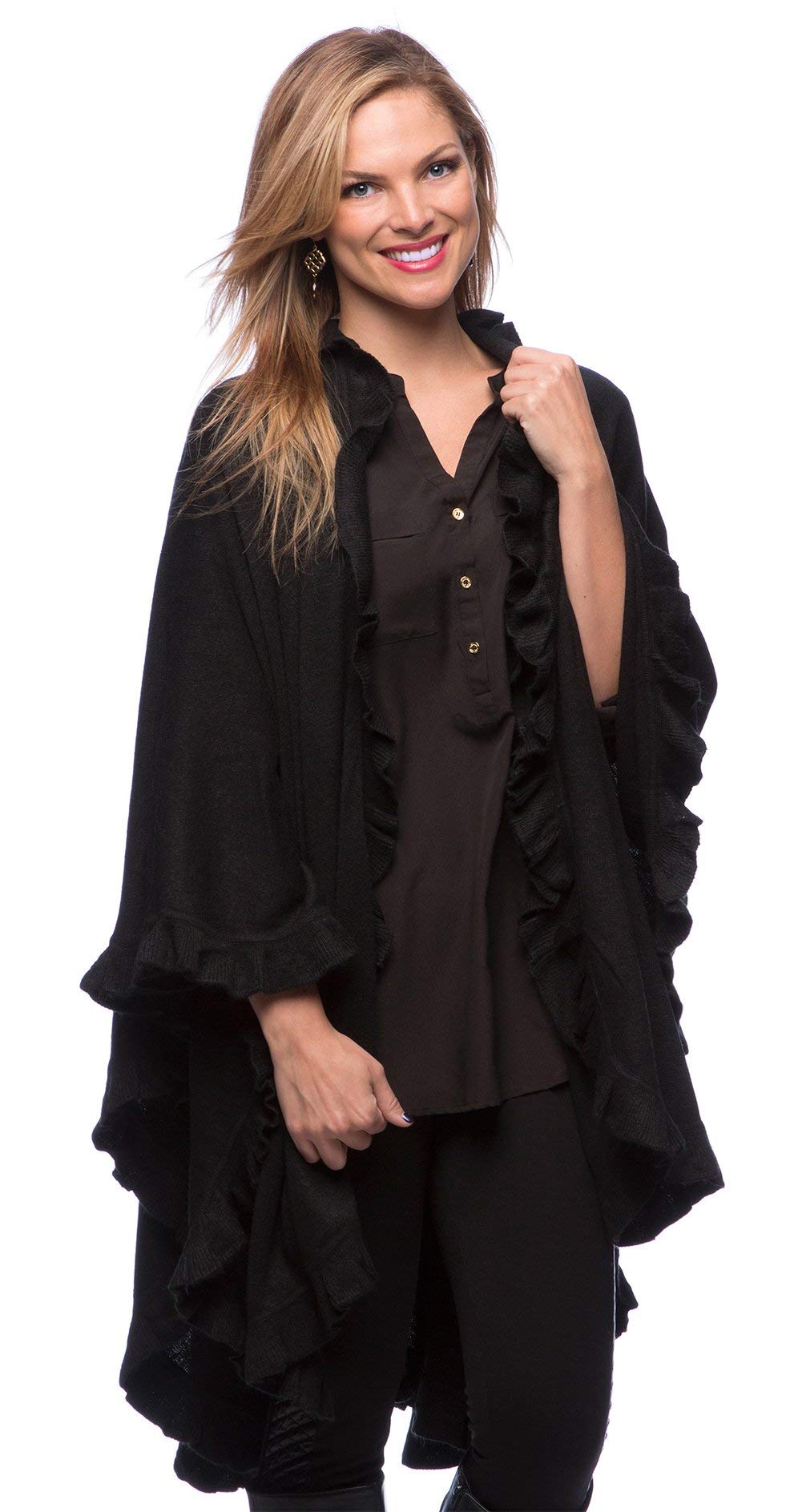 Women’s black ruffle-trim knit poncho cape with open front and cascading ruffle edges