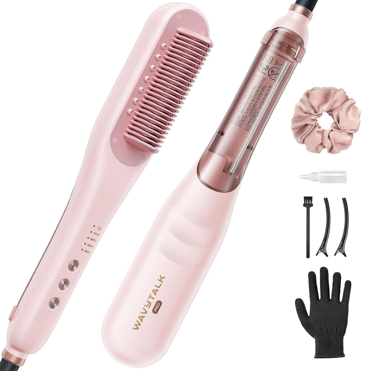 Pink steam hair straightening brush with bottle, glove, and clip accessories