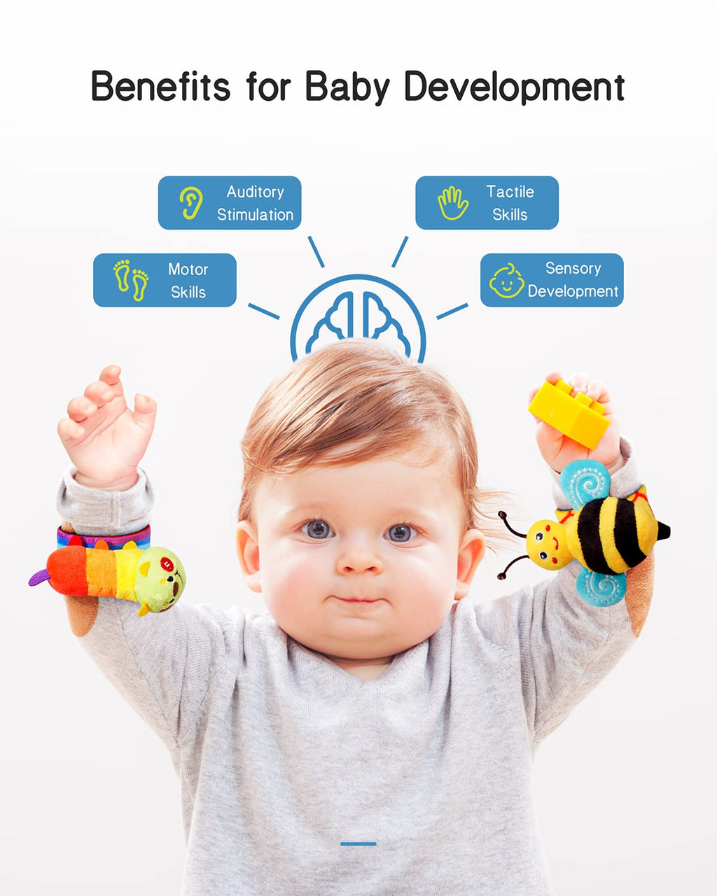 Baby wearing two animal wrist rattles, including a striped bee and ladybug