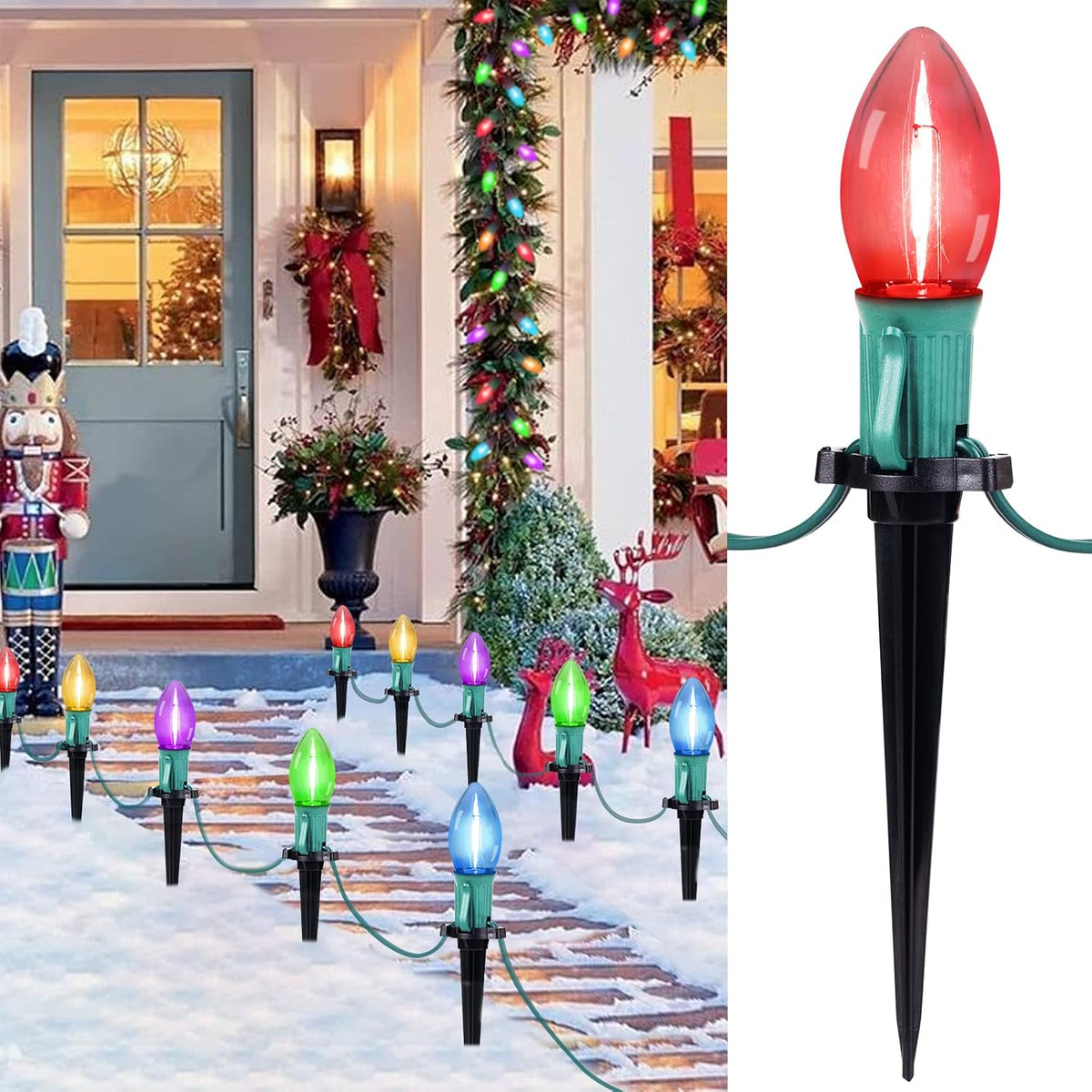 Outdoor pathway stake lights with red bulb and green base, connected cord