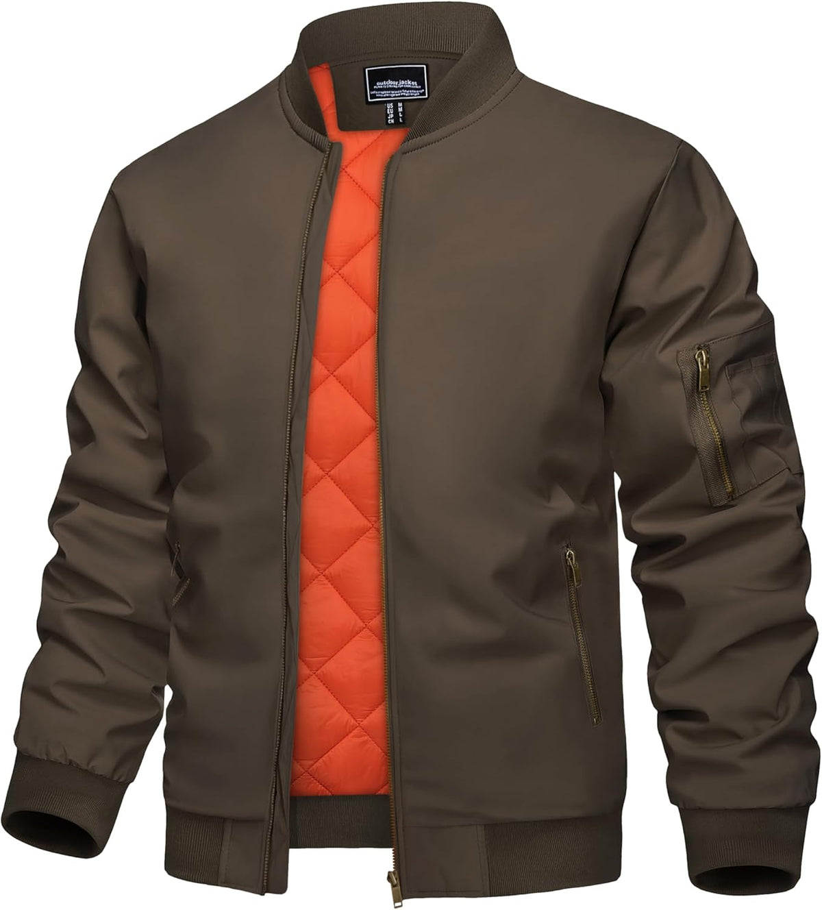 Men's brown full-zip padded bomber jacket with stand collar and zip side pockets