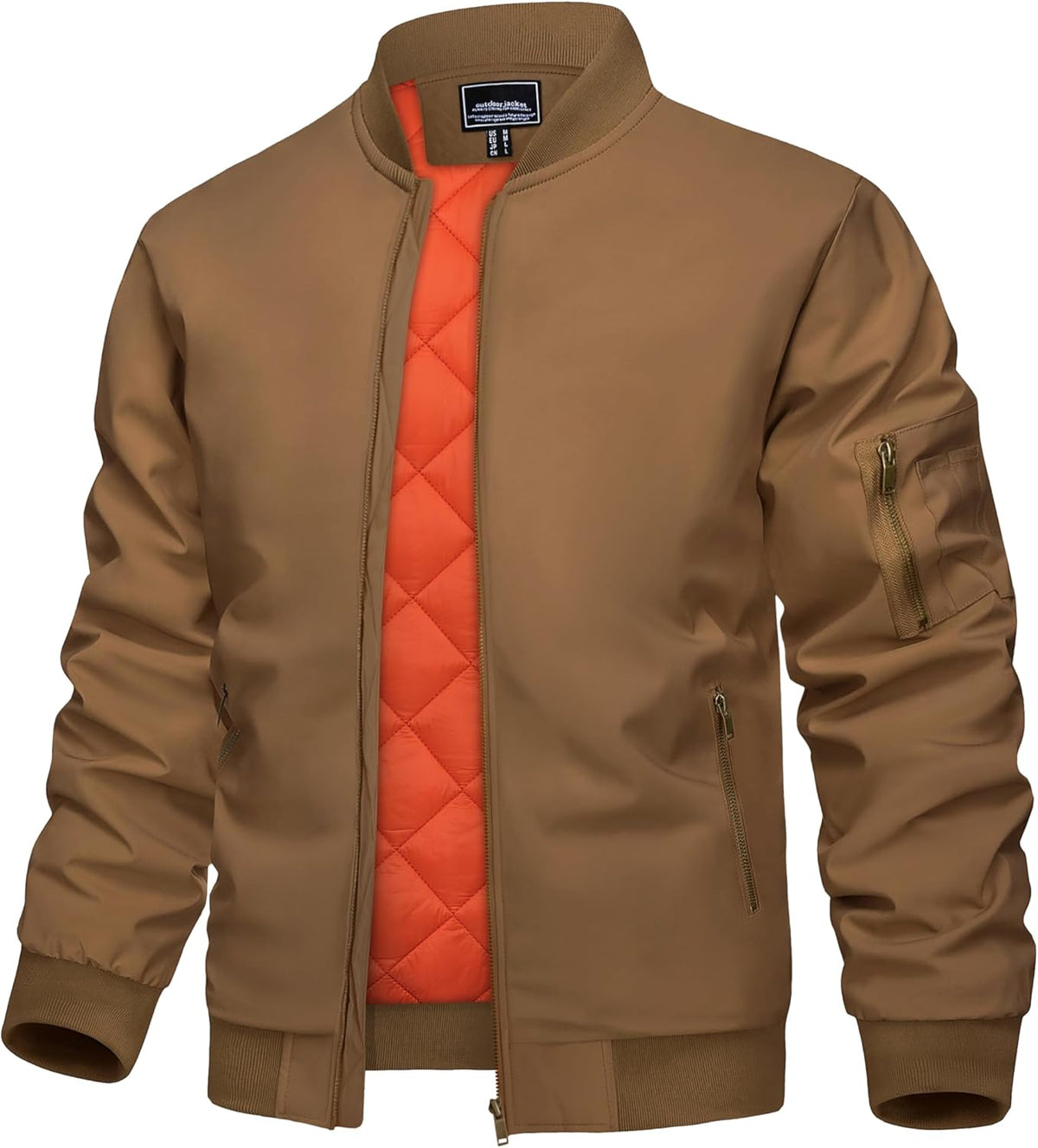 Men's tan full-zip padded bomber jacket with stand collar and zip side pockets