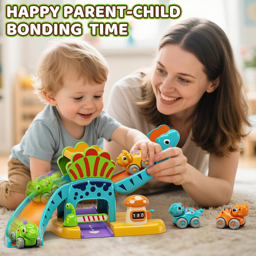 Dinosaur garage slide playset with mini push cars and colorful dinosaur figures